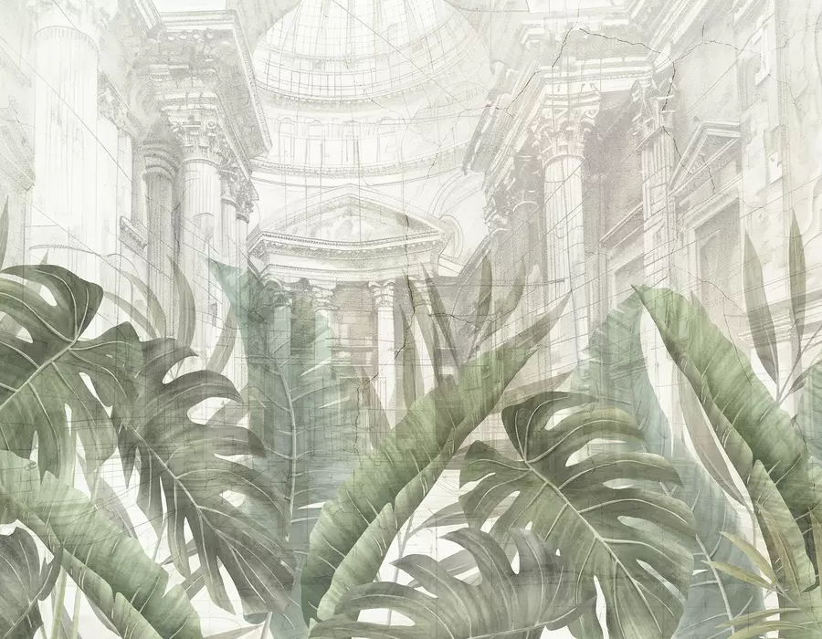 wall murals A grand drawing ornate architectural marble columns, and lush tropical green plants w01311