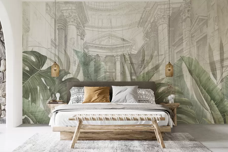 Wall Mural Photo Wallpaper A grand drawing ornate architectural marble columns, and lush tropical green plants  w01311