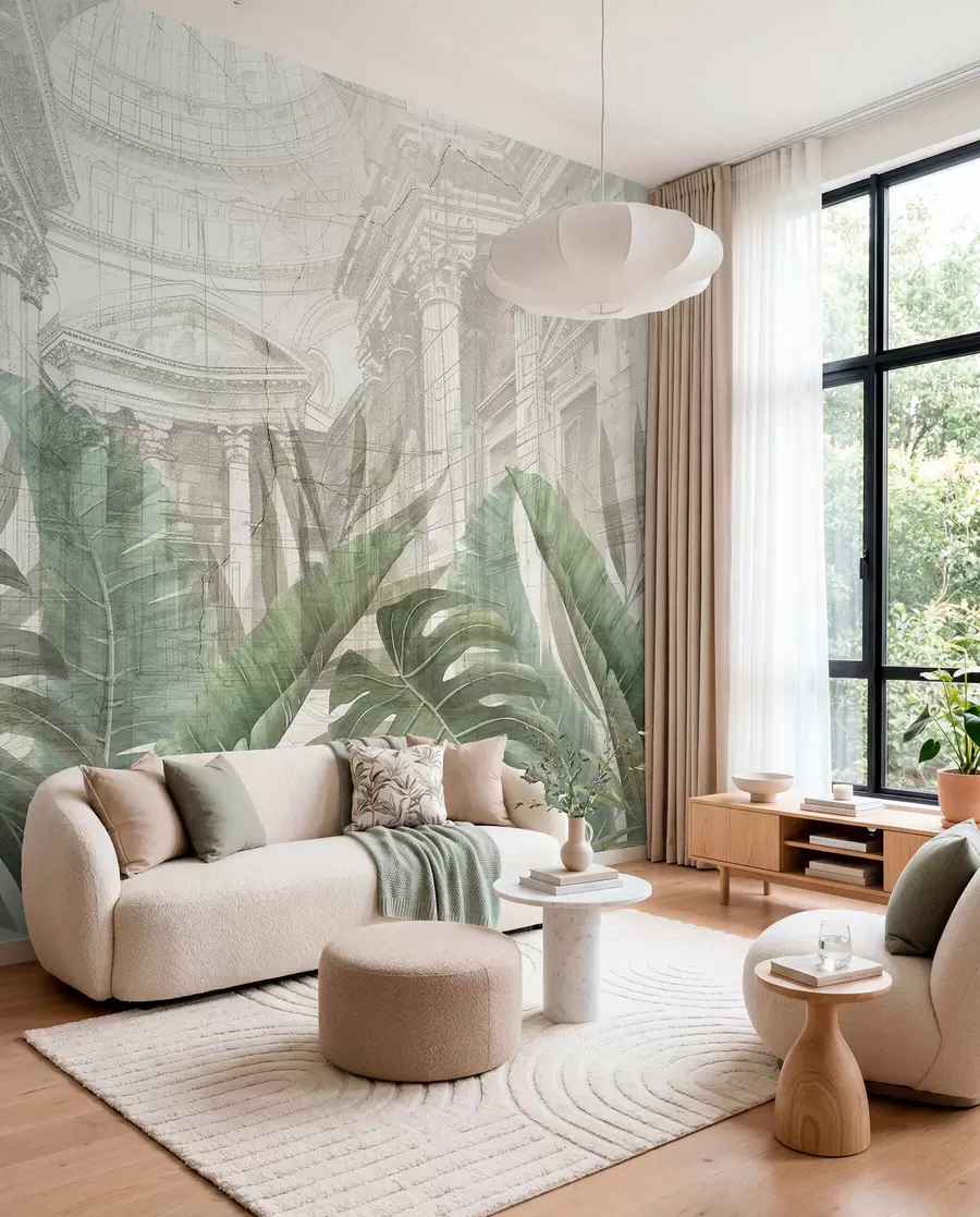 Wall Mural Photo Wallpaper A grand drawing ornate architectural marble columns, and lush tropical green plants  w01311