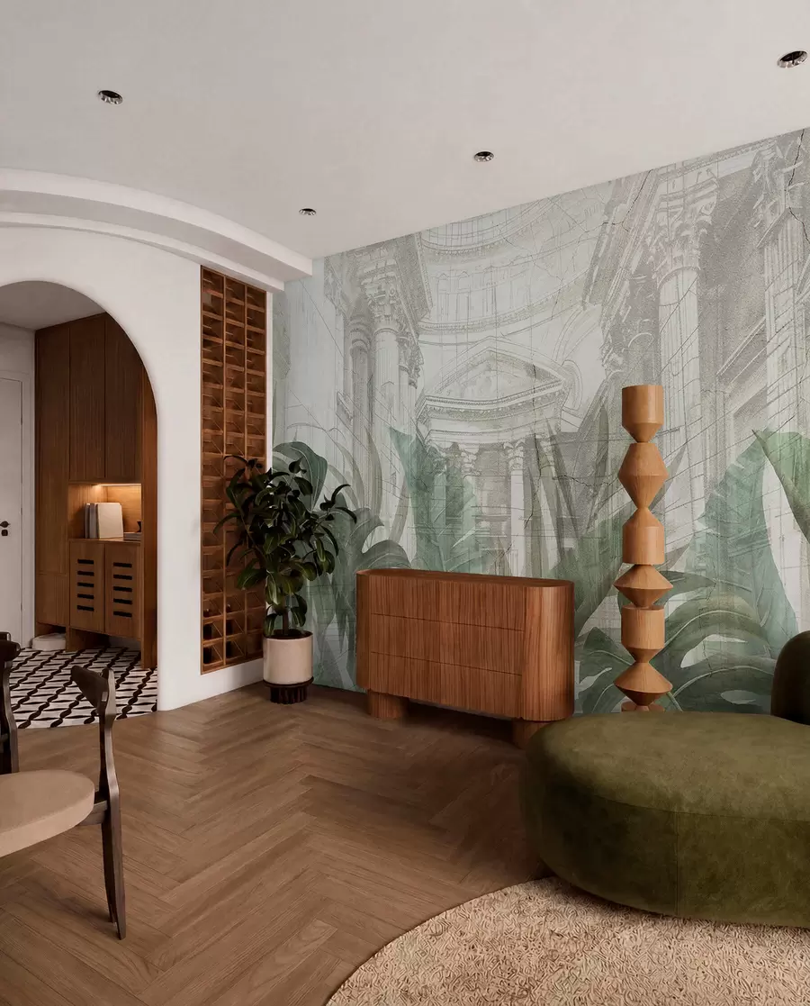 Wall Mural Photo Wallpaper A grand drawing ornate architectural marble columns, and lush tropical green plants  w01311