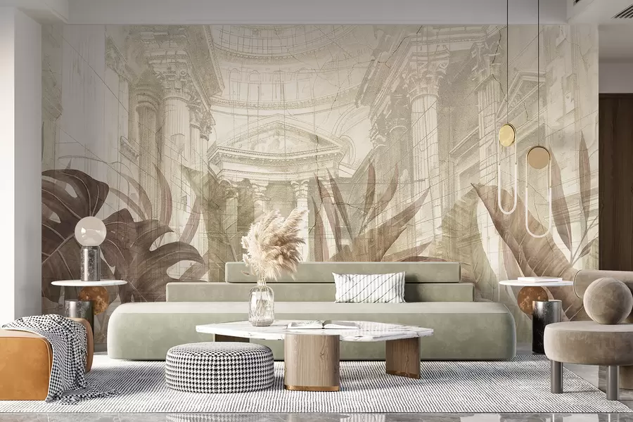 Wall Mural Photo Wallpaper A grand drawing ornate architectural marble columns, and lush tropical sepia plants  w01311v1