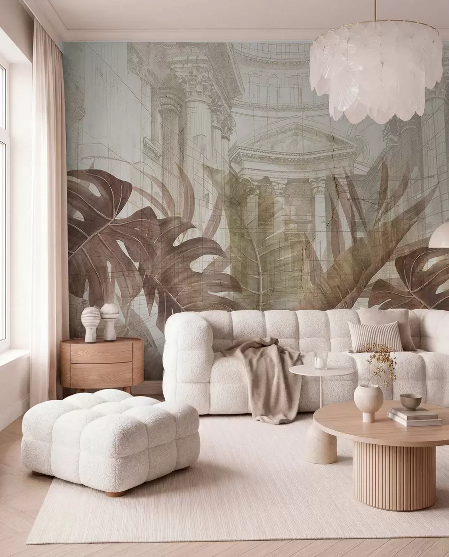 wall murals A grand drawing ornate architectural marble columns, and lush tropical sepia plants w01311v1