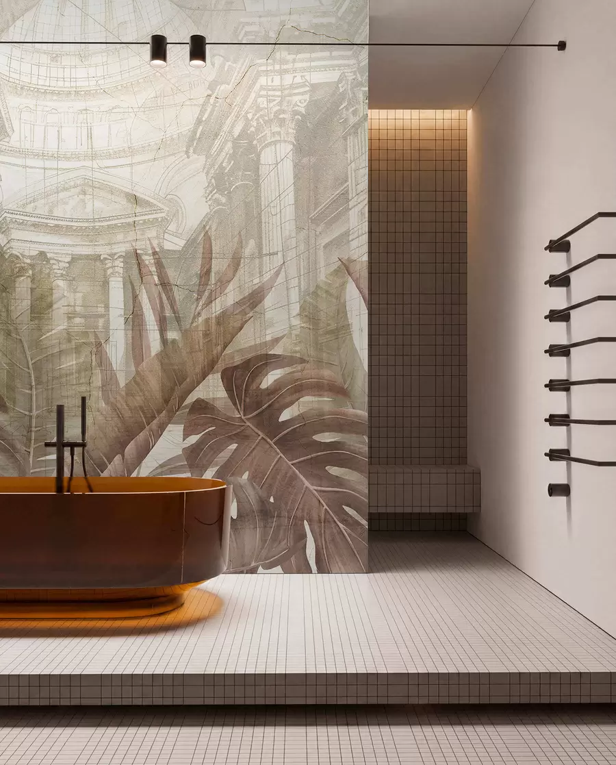 wall murals A grand drawing ornate architectural marble columns, and lush tropical sepia plants w01311v1