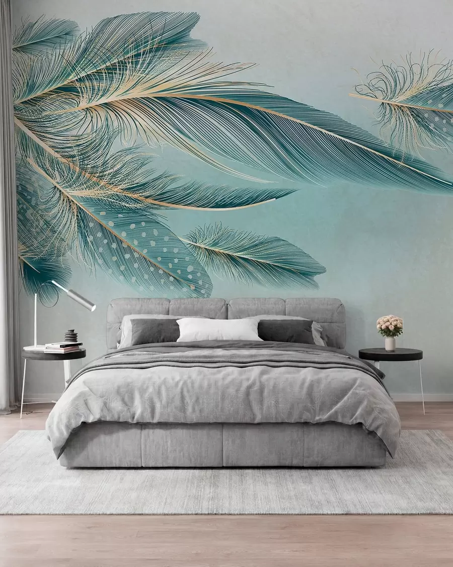 wall murals Delicate feathers in shades of blue w01312