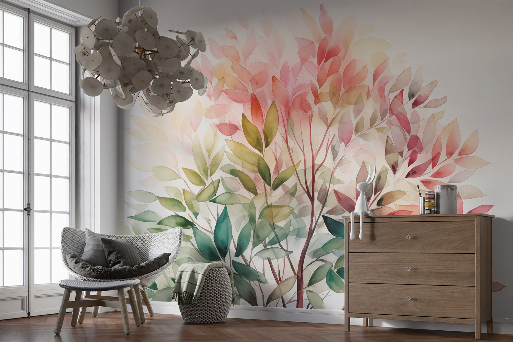 Wall Mural Photo Wallpaper Deciduous watercolor tree, pink and green