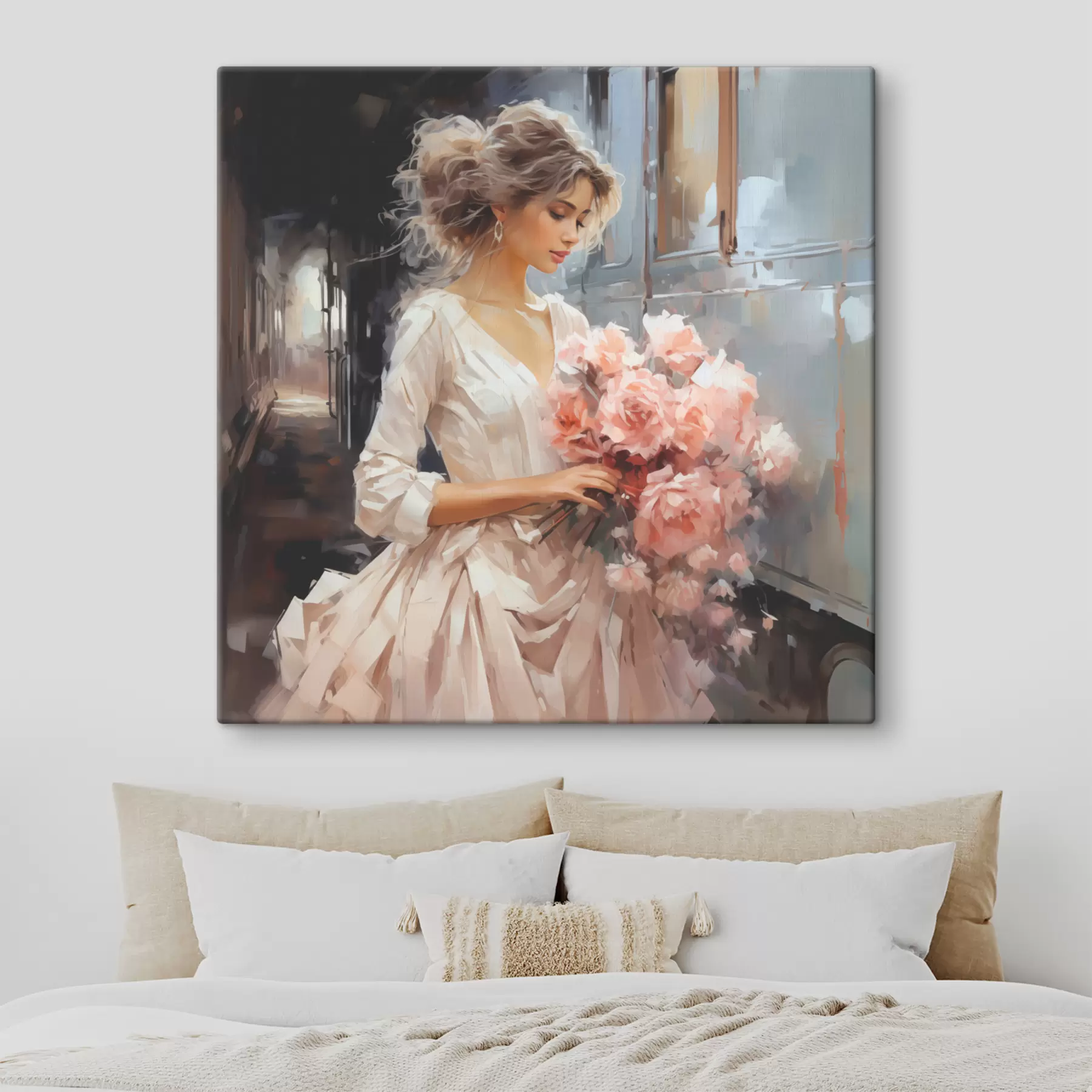 wall murals A girl in a white dress at the station holds a bouquet of pink roses in her hands oil painting s39438