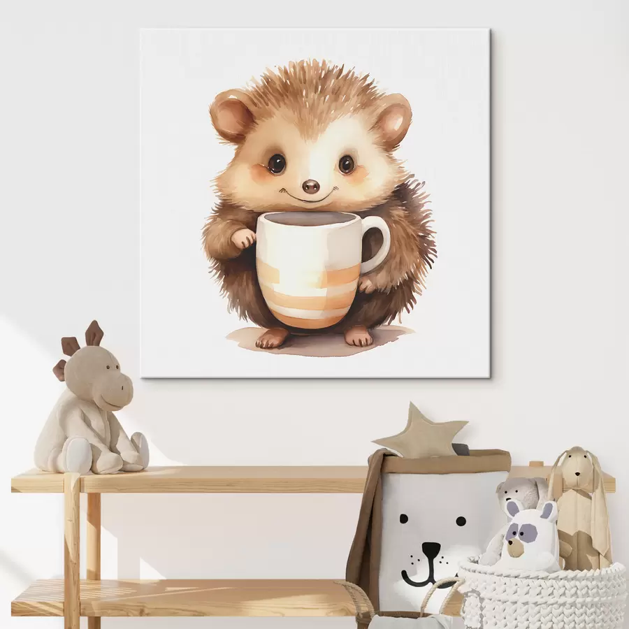 murales Erizo sosteniendo una taza blanca en sus patas ilustración infantil acuarela s39440
