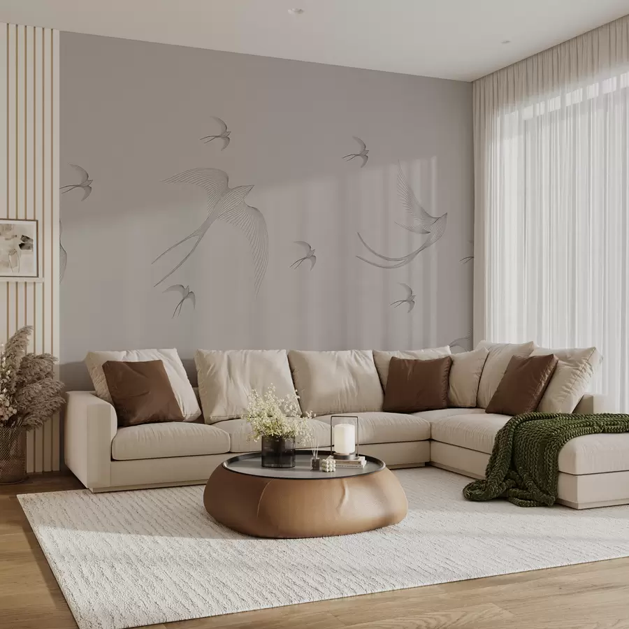 Wall Mural Photo Wallpaper Linear swallows on a gray-pink background w01264v2