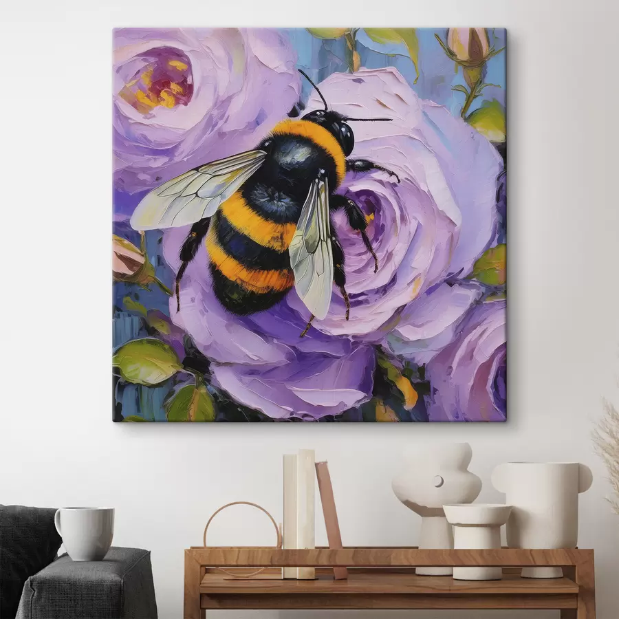 murales Abeja en las peonías rosadas, flores de verano, pintura al óleo, pinceladas vívidas s39410