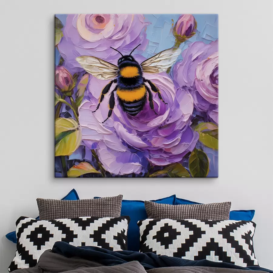 wall murals Bee on the pink peonies, colorful summer flowers, oil painting, vivid brush strokes s39411