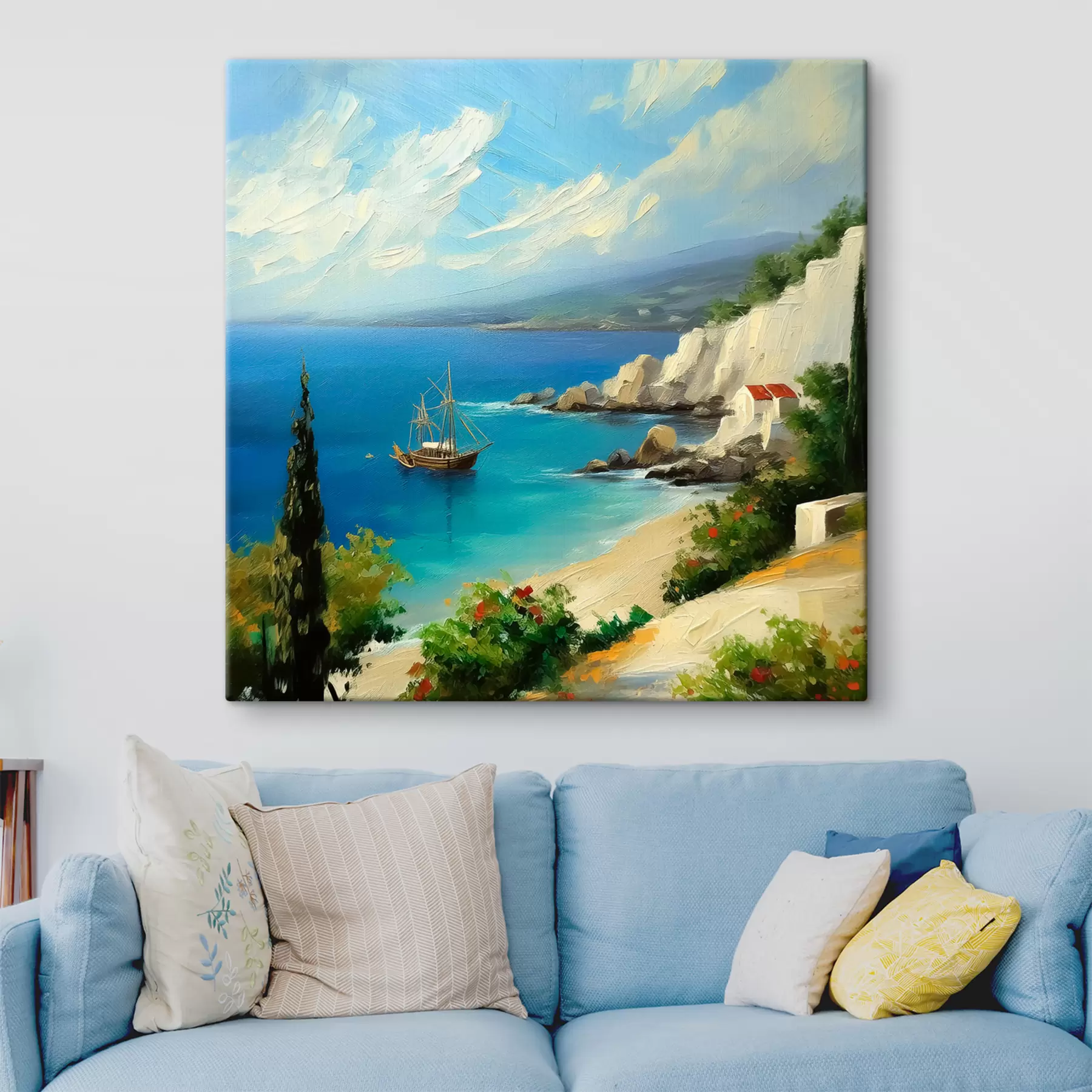 murales Costa del mar de Grecia, barco, agua azul, pintura al óleo, naturaleza de verano, rocas, pinceladas vívidas s39425