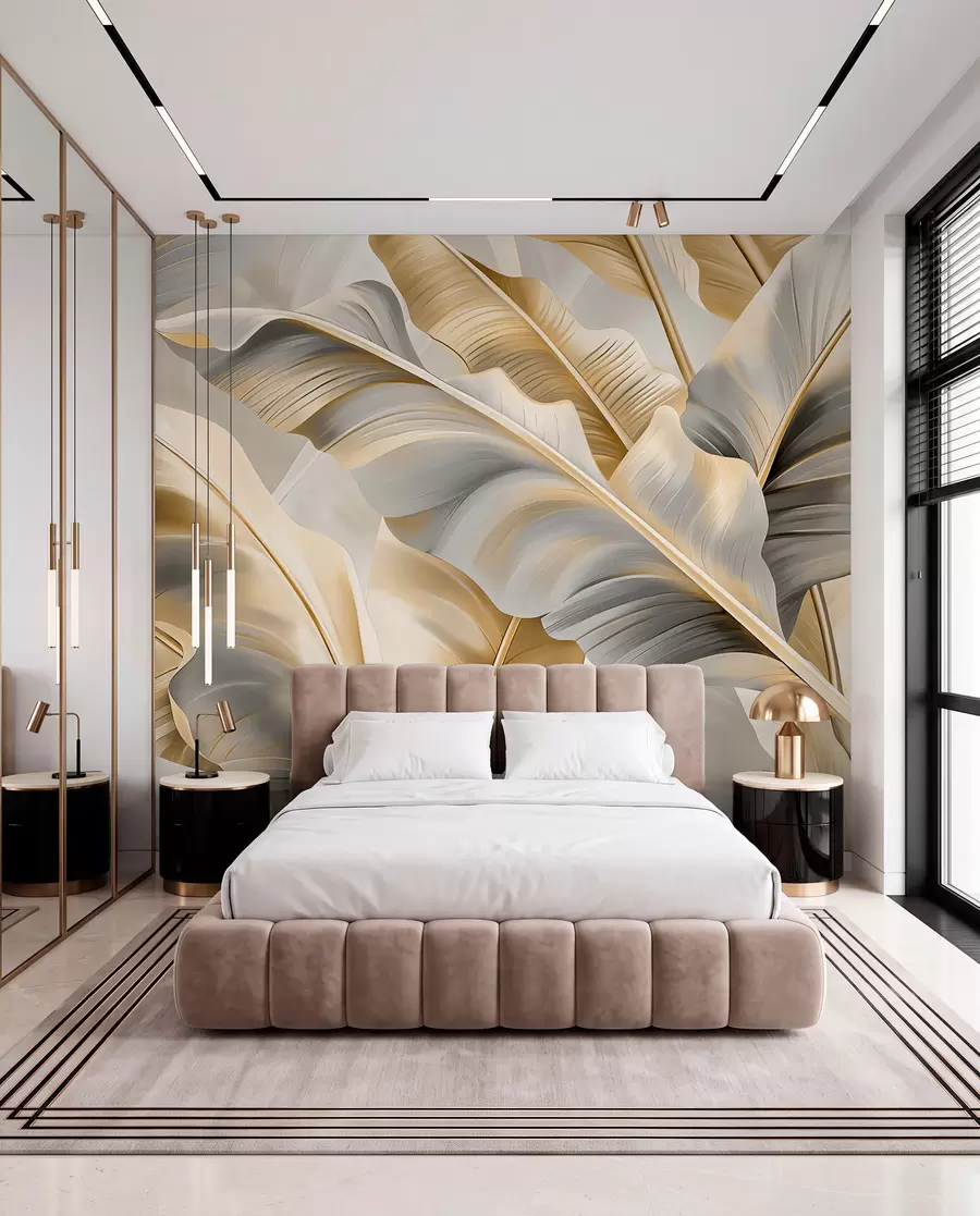 peintures murales grandes feuilles de bananier luxueuses dans des tons gris-beige w07876