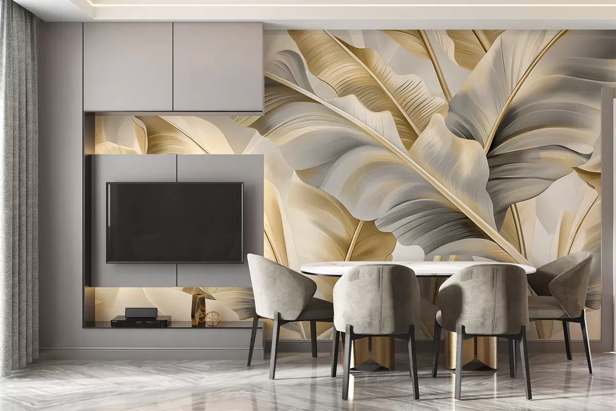 Wall Mural Photo Wallpaper luxurious large banana leaves in gray-beige tones w07876