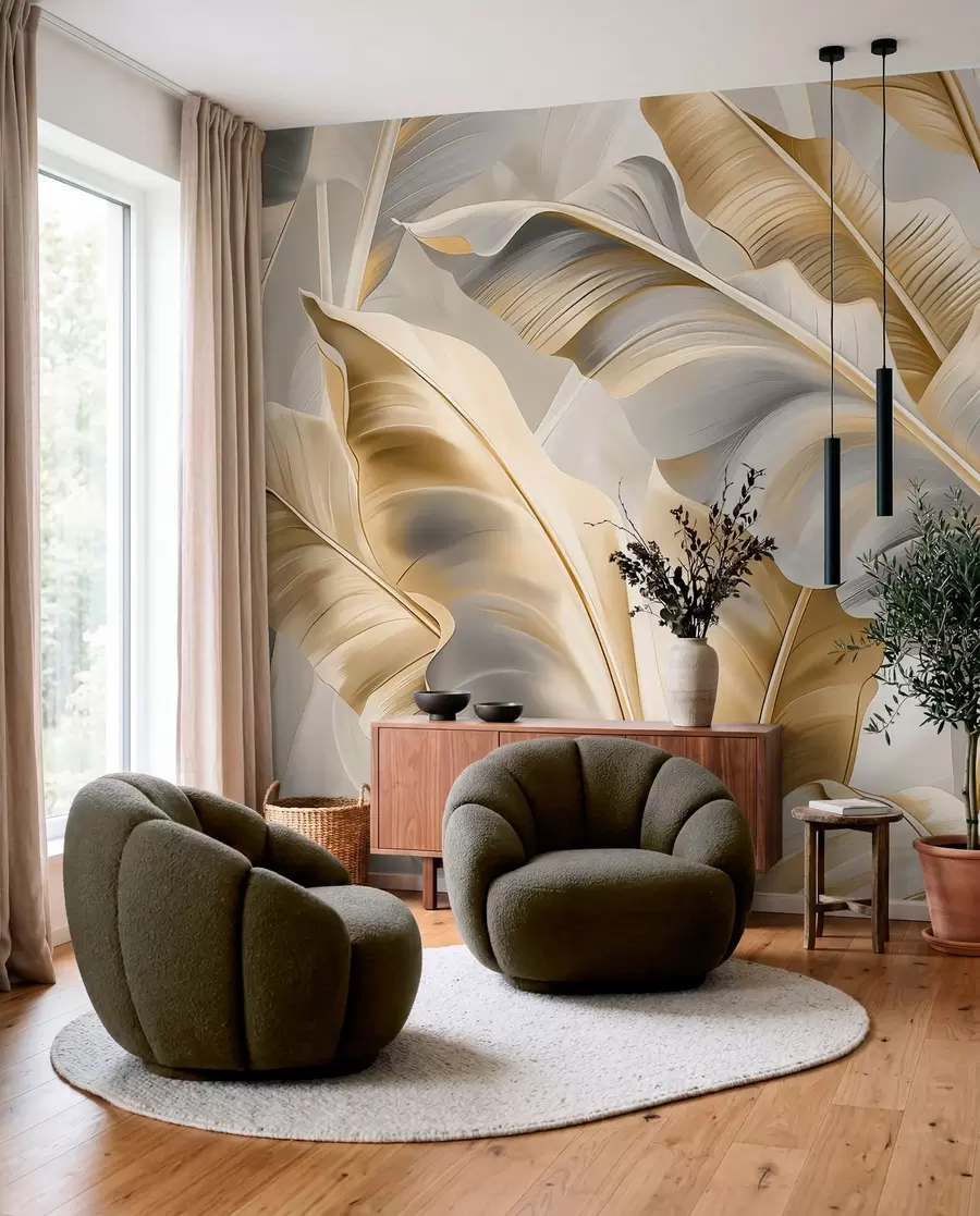 Wall Mural Photo Wallpaper luxurious large banana leaves in gray-beige tones w07876