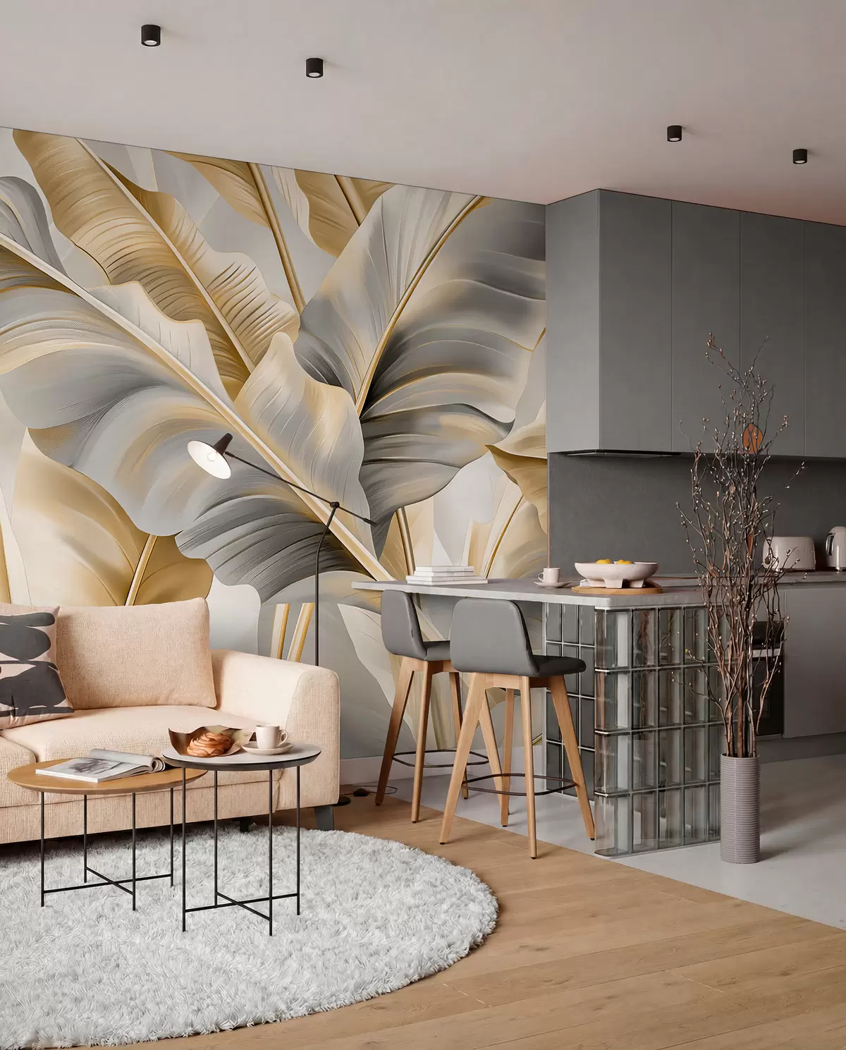wall murals luxurious large banana leaves in gray-beige tones w07876
