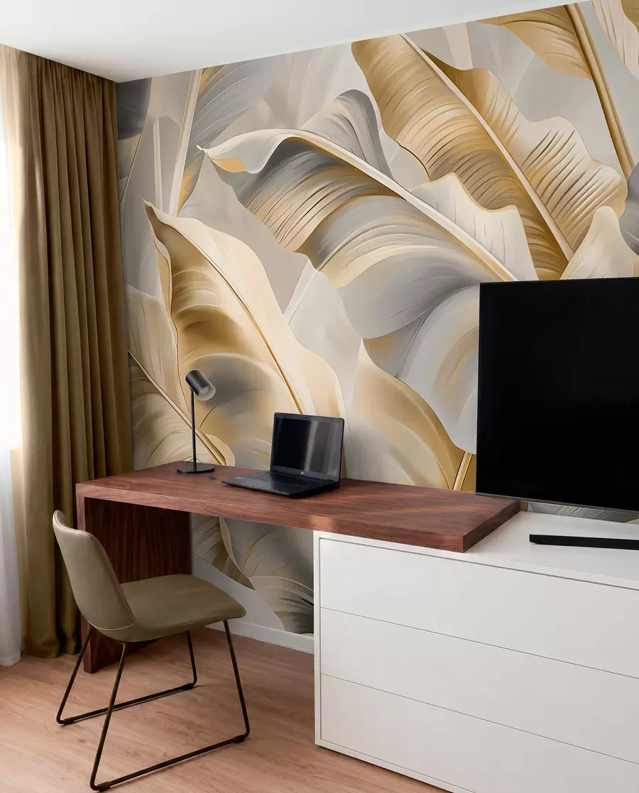 Wall Mural Photo Wallpaper luxurious large banana leaves in gray-beige tones w07876