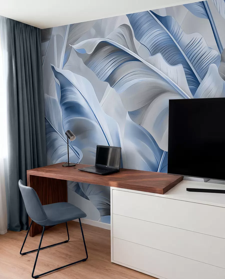 peintures murales grandes feuilles de bananier luxueuses aux couleurs gris-bleu w07876v1