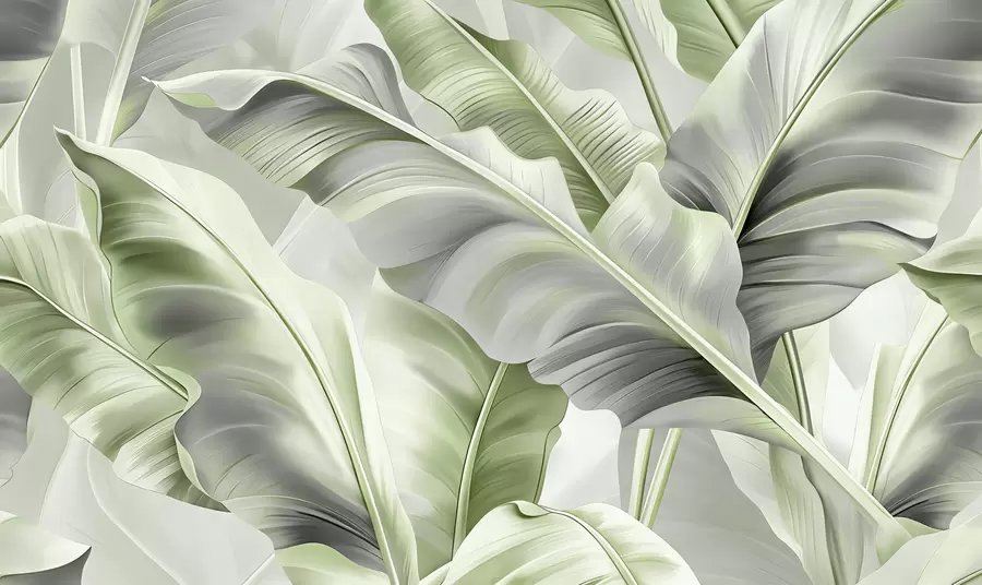 peintures murales grandes feuilles de bananier luxueuses dans des tons gris-vert w07876v3