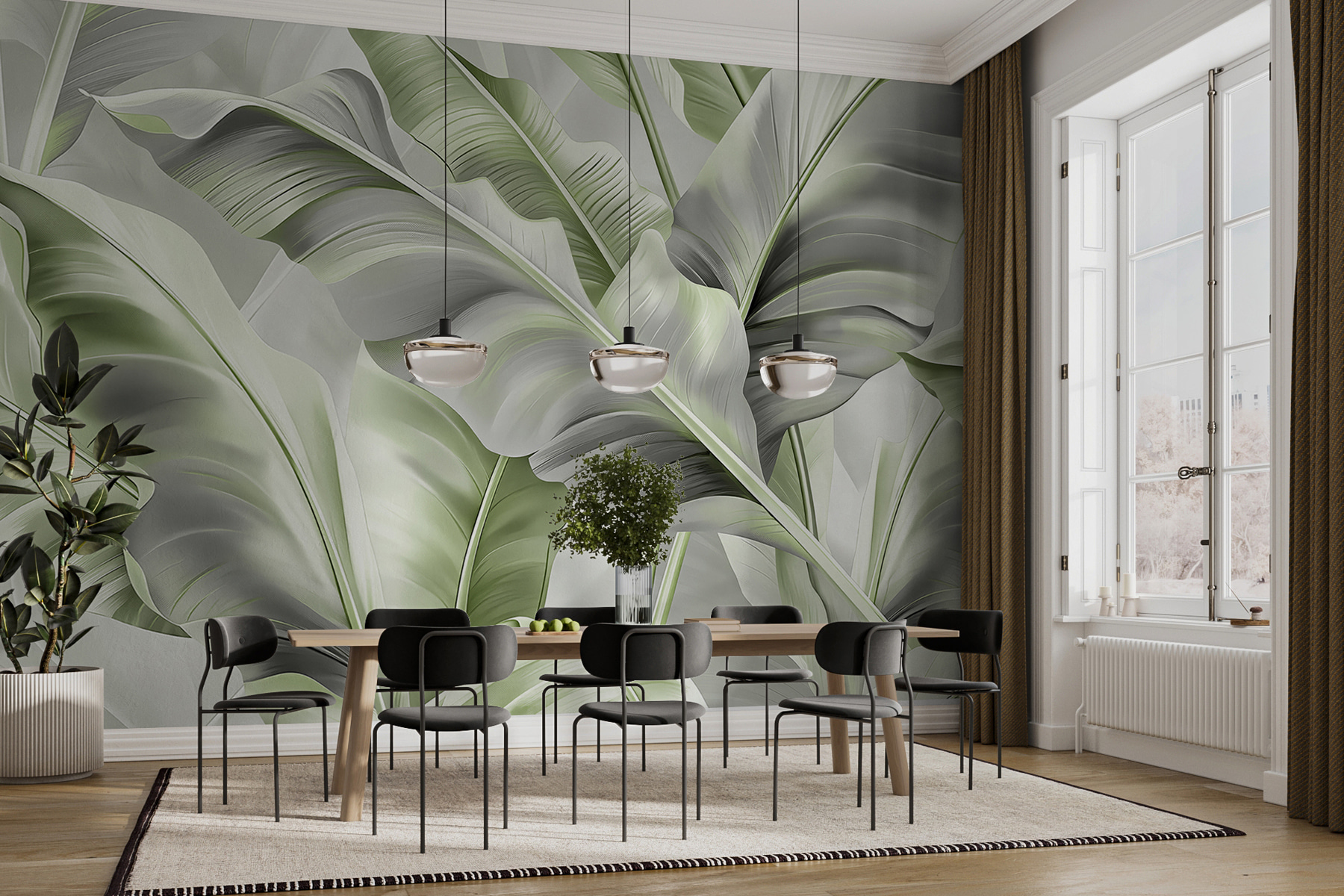 Wall mural luxurious large banana leaves in graygreen tones