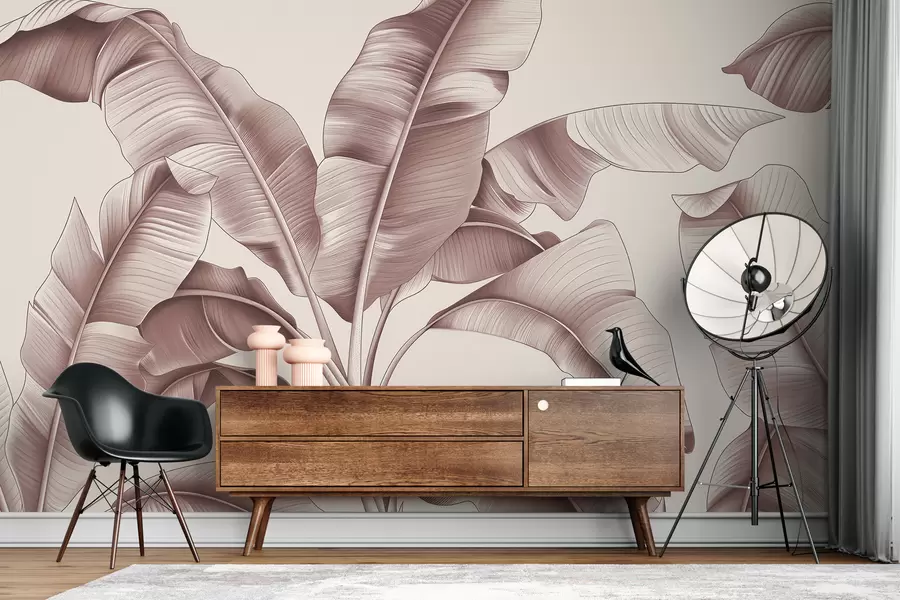 peintures murales grandes feuilles de bananier dessinées en rose pastel w07877v1