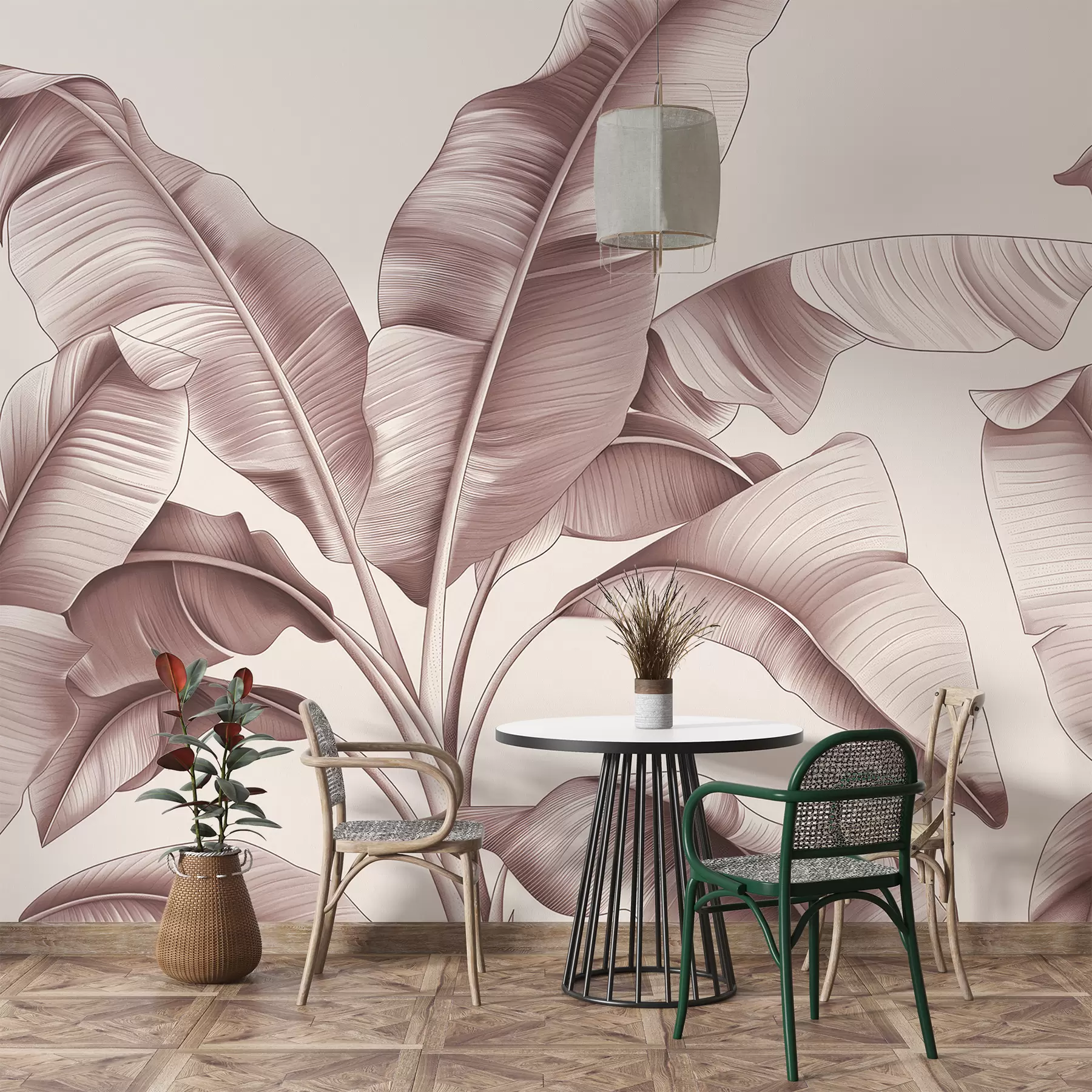 murales grandes hojas de plátano dibujadas en rosa pastel w07877v1