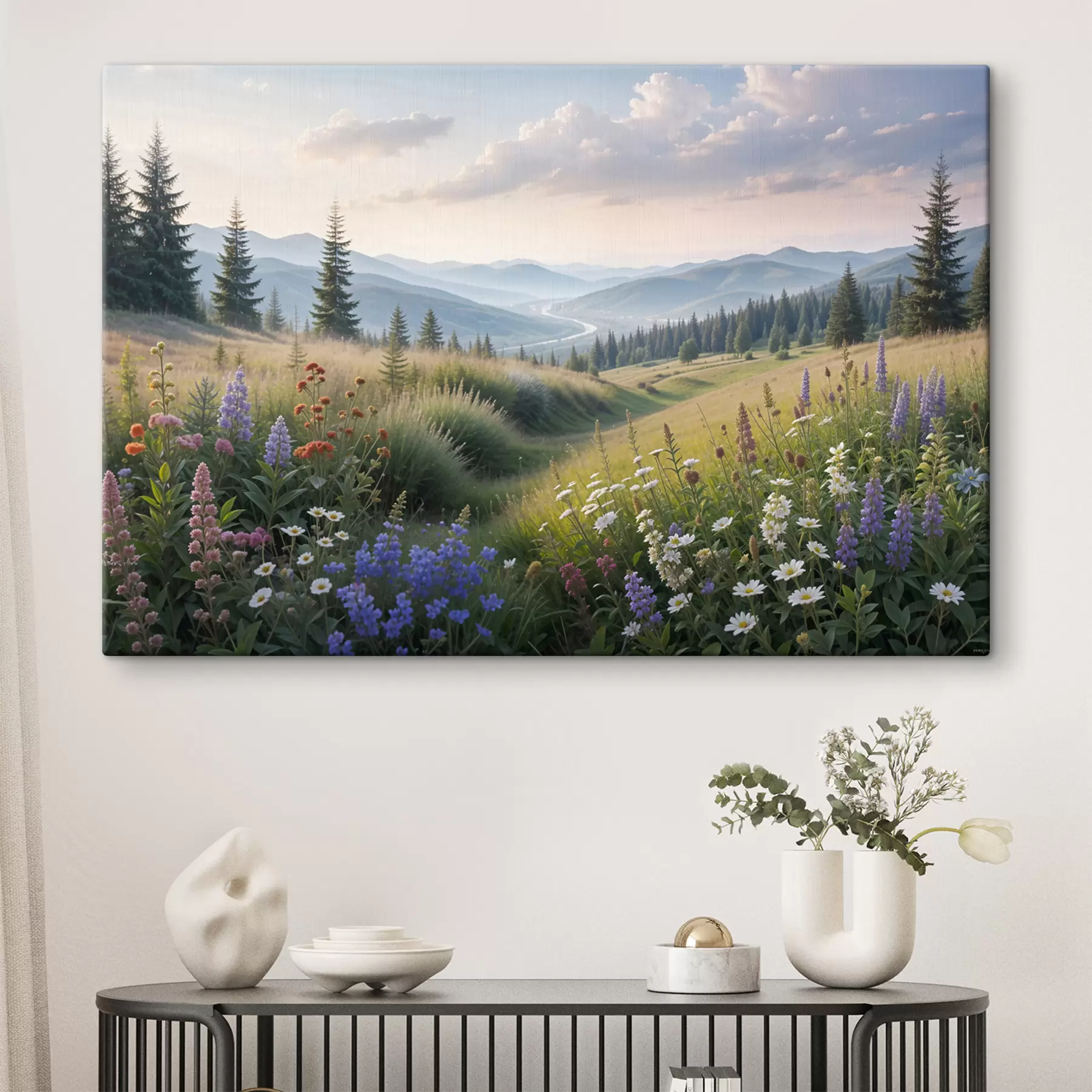 murales Paisaje de montaña con una pradera cubierta de hierba en primer plano llena de coloridas flores silvestres s39382