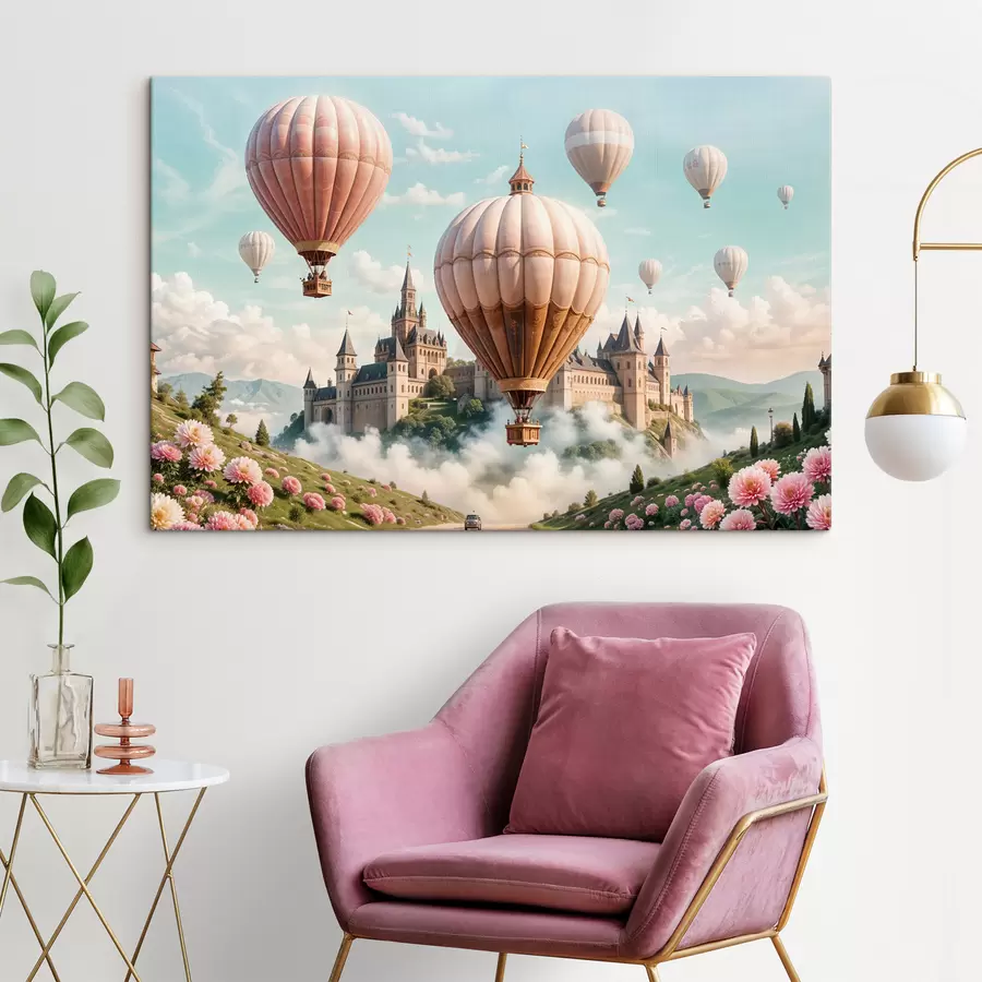 murales Un castillo de fantasía rodeado de globos aerostáticos rosas flotando en un cielo nublado sobre un paisaje verde y exuberante s39387