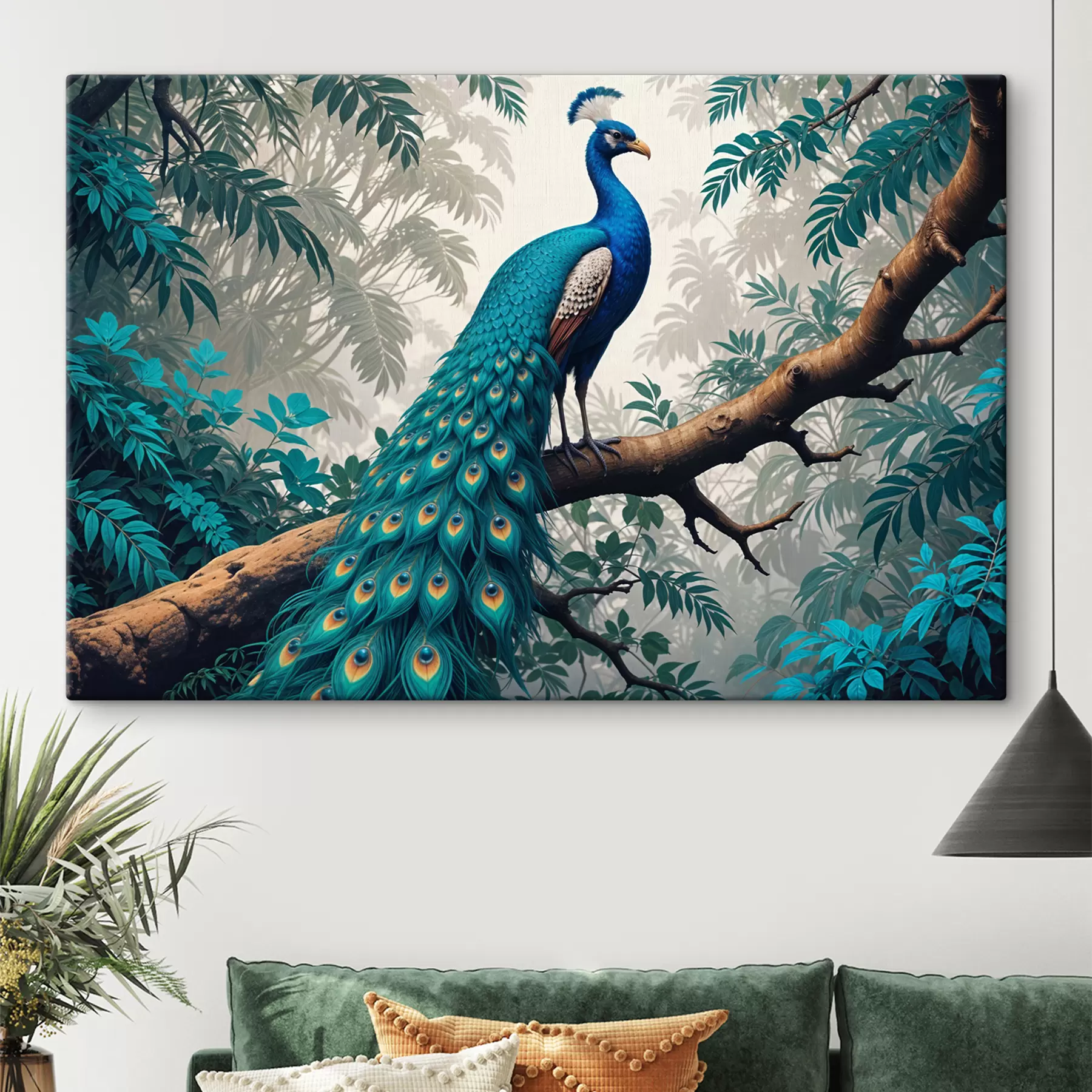 murales Un pavo real azul vibrante posado en la rama de un árbol en un exuberante bosque tropical s39401