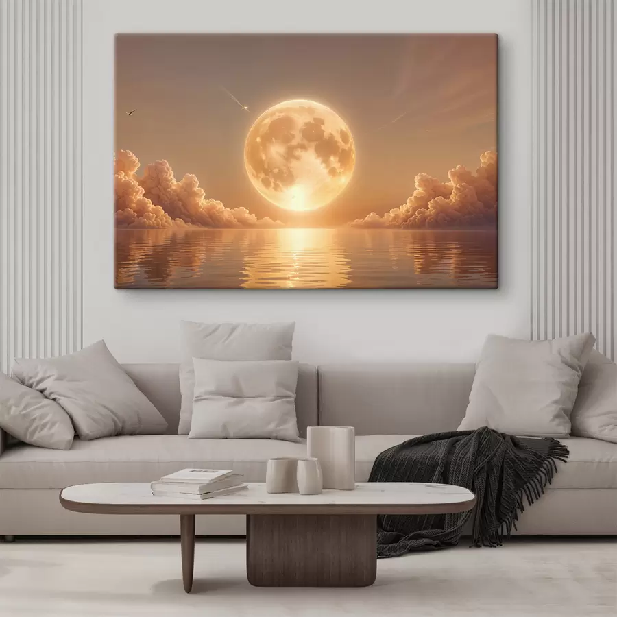 wall murals A large, bright full moon rising over a calm, reflective ocean at sunset s39403