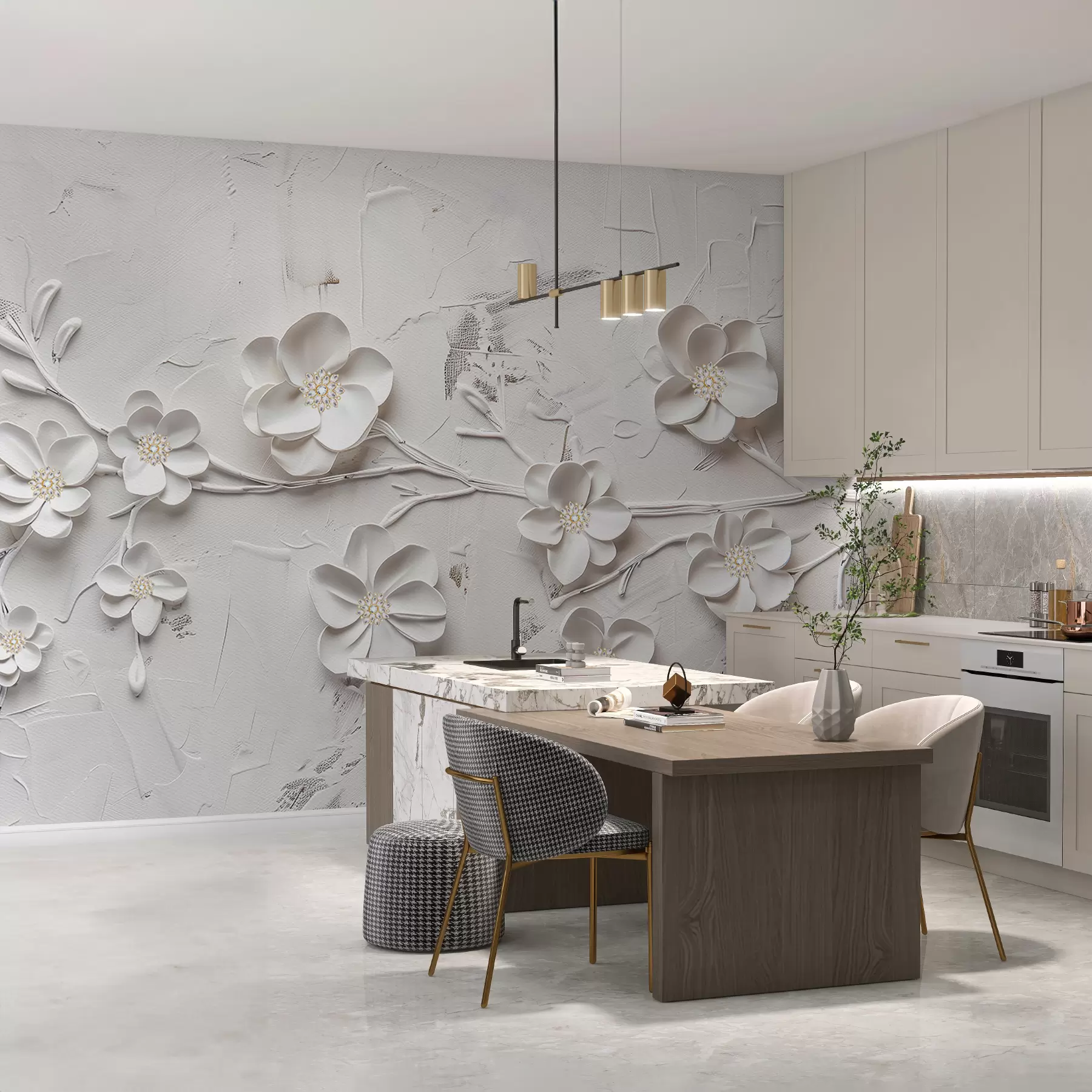 murais de parede Fundo texturizado branco com flores brancas 3D em plena floração, conectadas por galhos, minimalistas e elegantes w01226