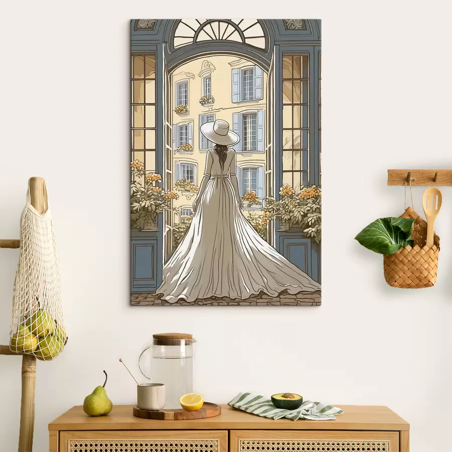 murales silueta de una chica con un vestido blanco junto a la ventana s39479