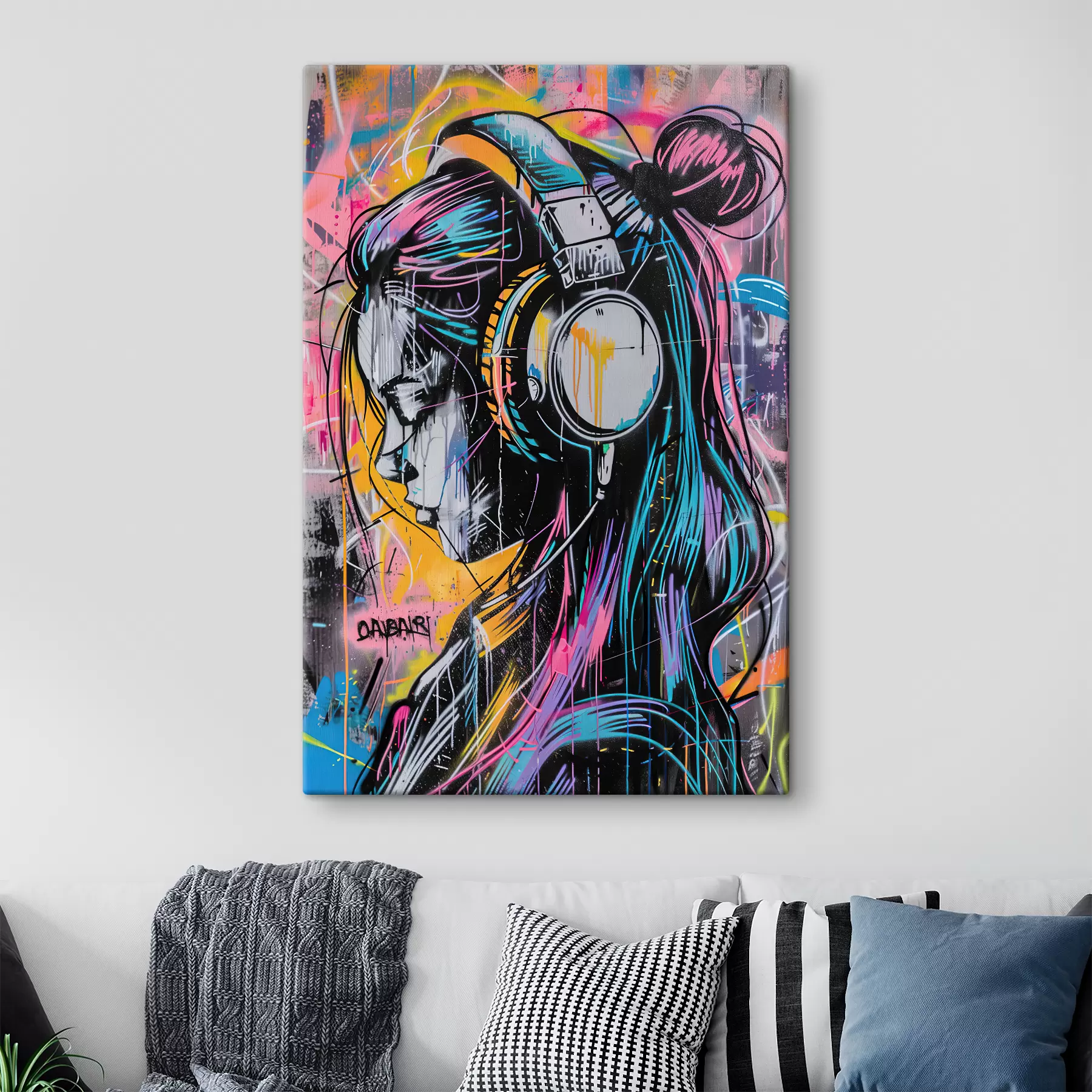 murales Mujer con auriculares en estilo graffiti s39443
