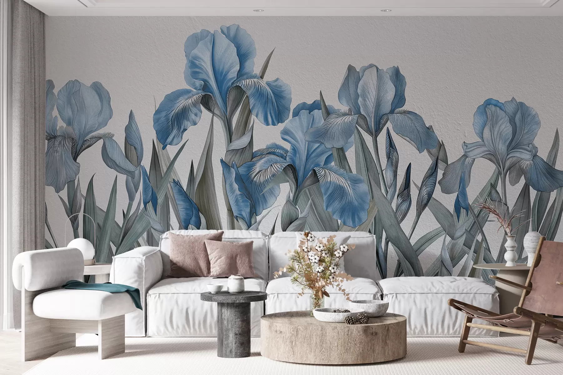 Wall Mural Photo Wallpaper Large painted blue irises on a white concrete wall w07949v4