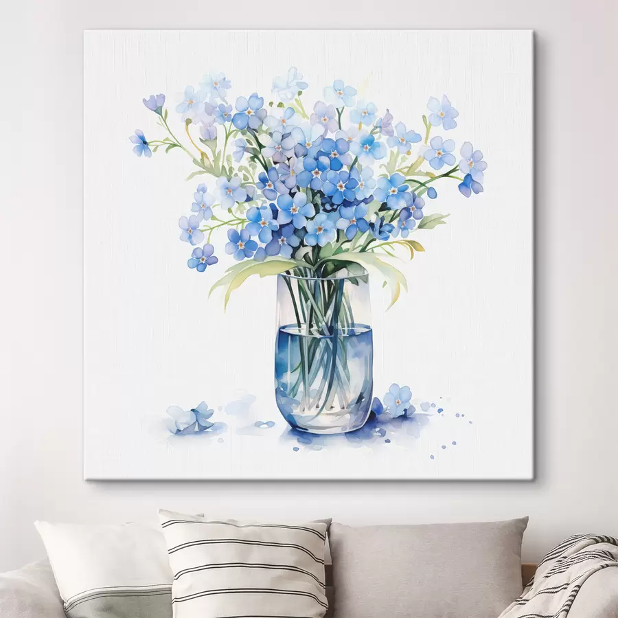 wall murals Bouquet of blue wildflowers in a transparent vase watercolor s39564