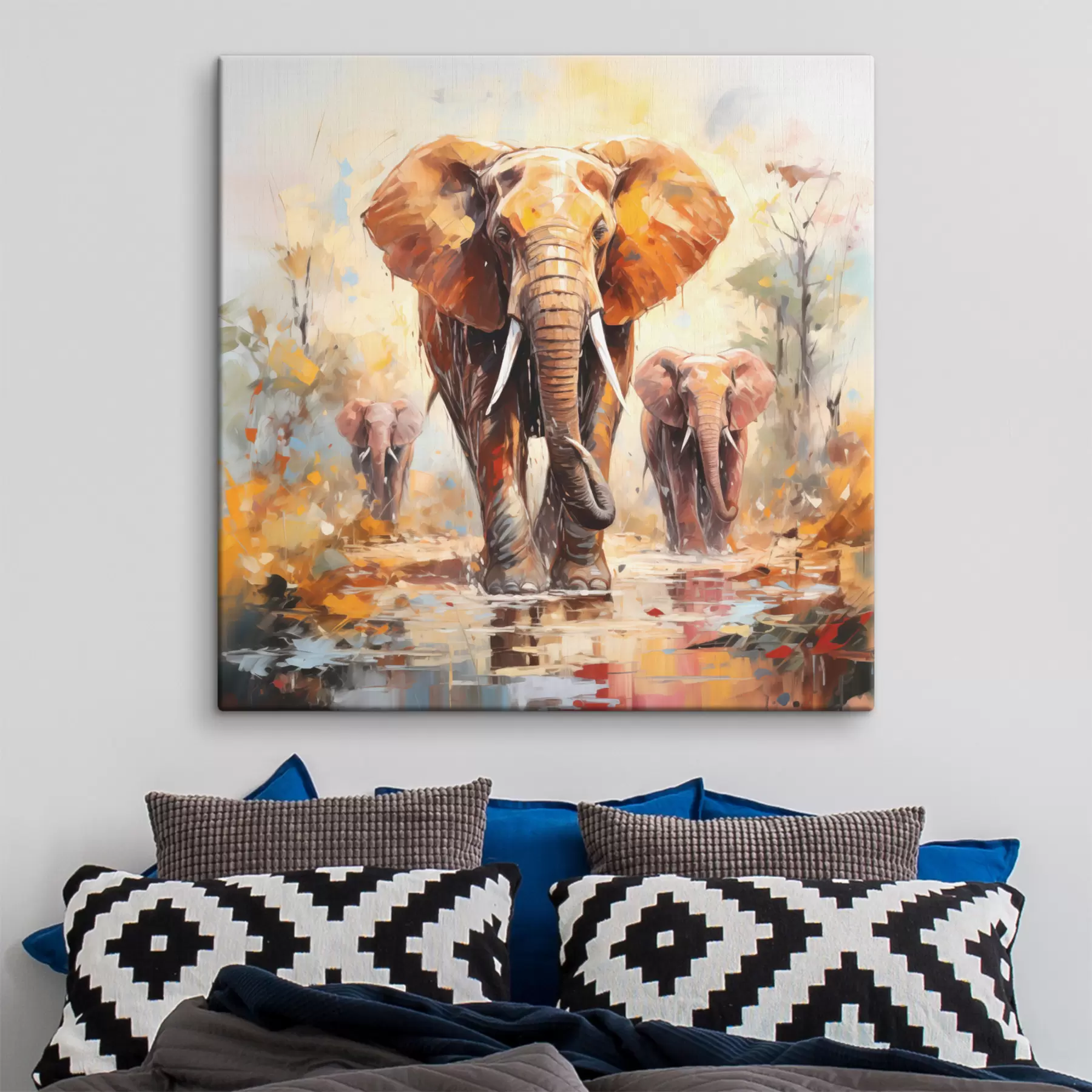 wall murals A flock of elephants among the savannah, oil painting, abstract art s39573