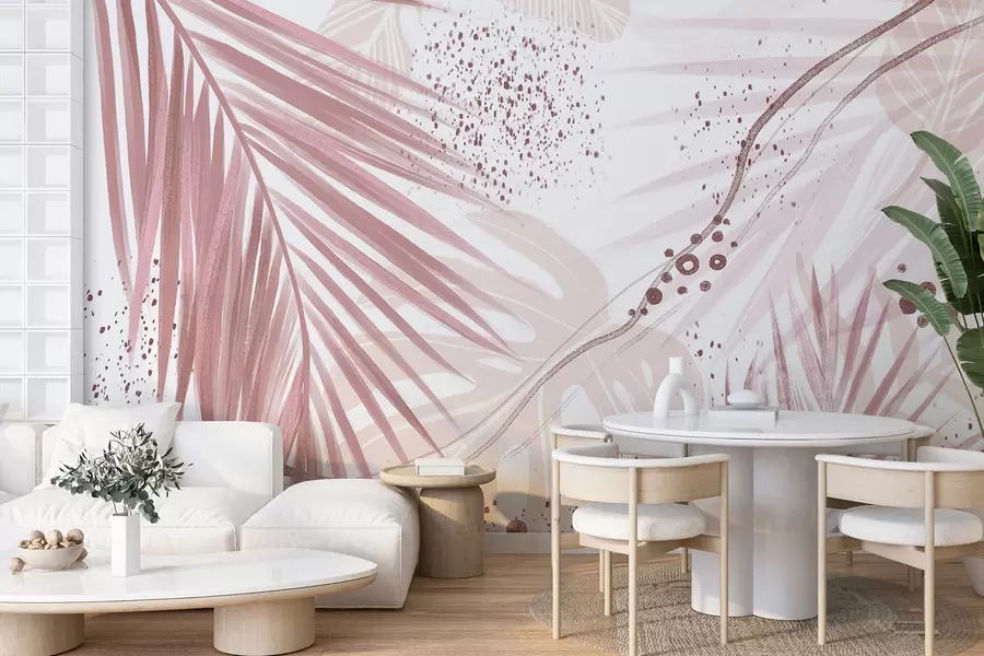 Wall Mural Photo Wallpaper A tropical pink palm leaves and fronds, with abstract shapes and splatters in shades of pink and white w07918v1