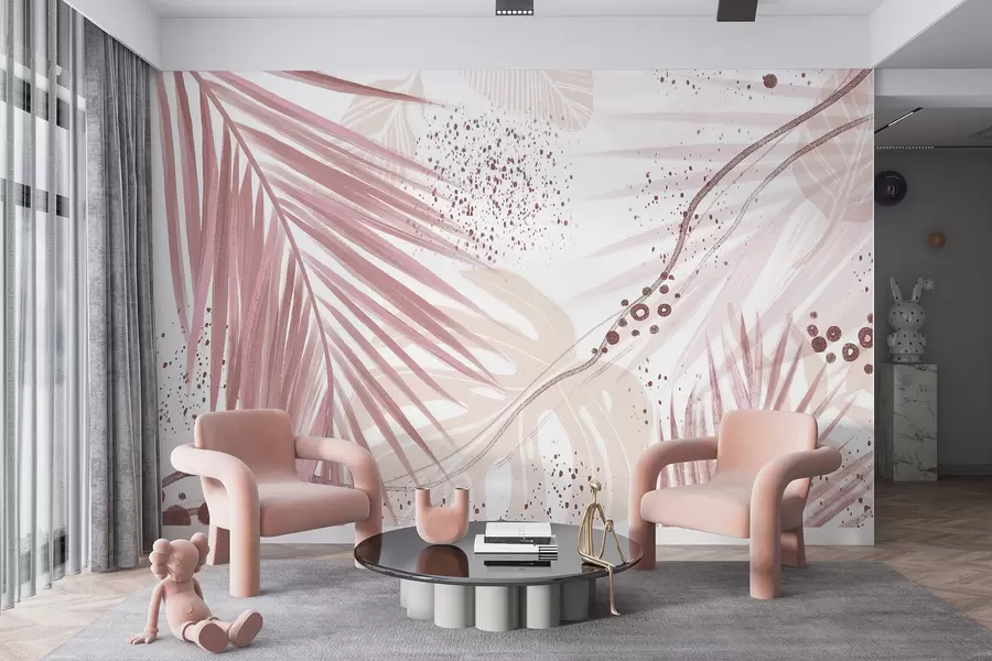 wall murals A tropical pink palm leaves and fronds, with abstract shapes and splatters in shades of pink and white w07918v1