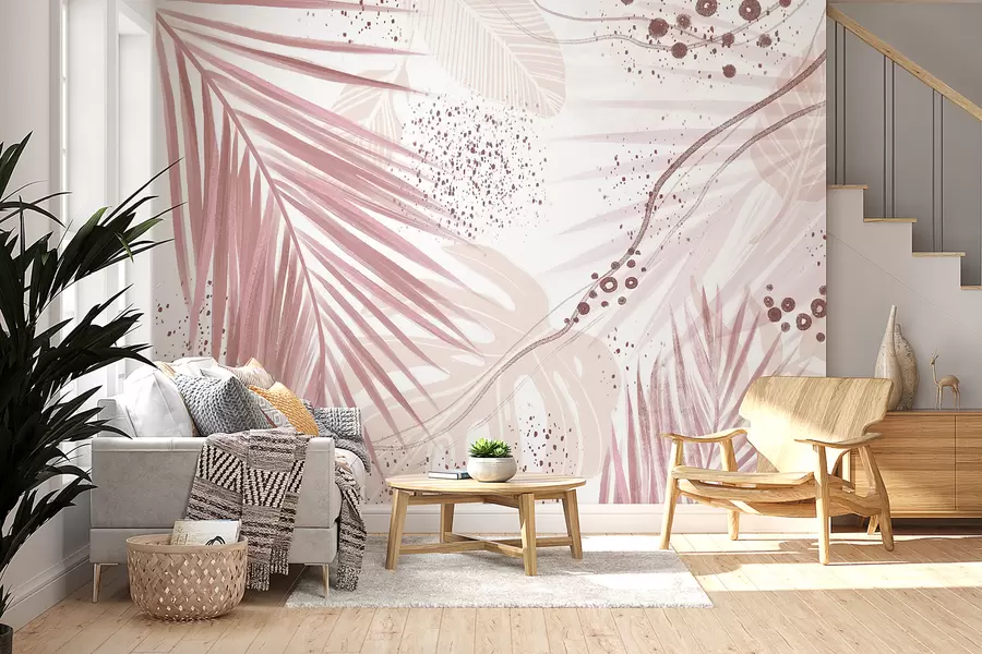 Wall Mural Photo Wallpaper A tropical pink palm leaves and fronds, with abstract shapes and splatters in shades of pink and white w07918v1