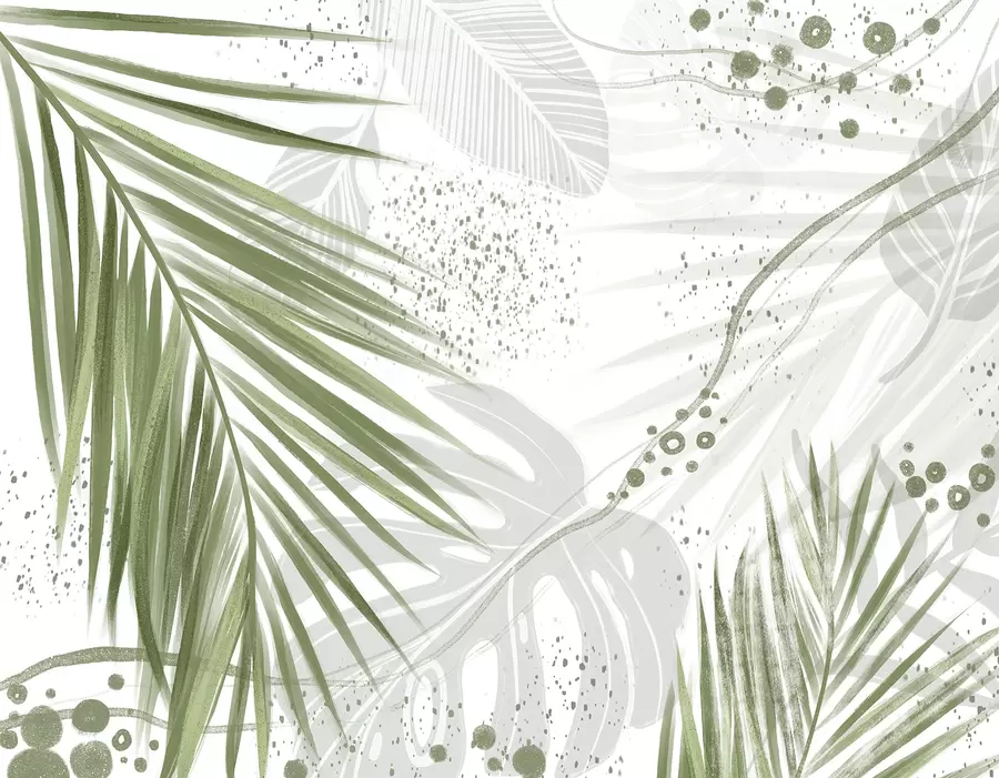 murales Hojas y frondas de palmeras verdes tropicales, con formas abstractas y salpicaduras en tonos verdes y blancos w07918