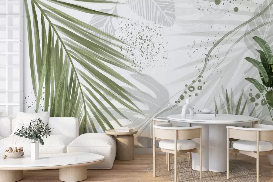Wall Mural Photo Wallpaper A tropical  green palm leaves and fronds, with abstract shapes and splatters in shades of green and white w07918