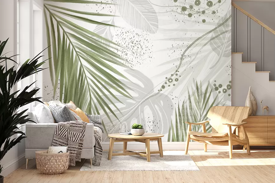 Wall Mural Photo Wallpaper A tropical  green palm leaves and fronds, with abstract shapes and splatters in shades of green and white w07918