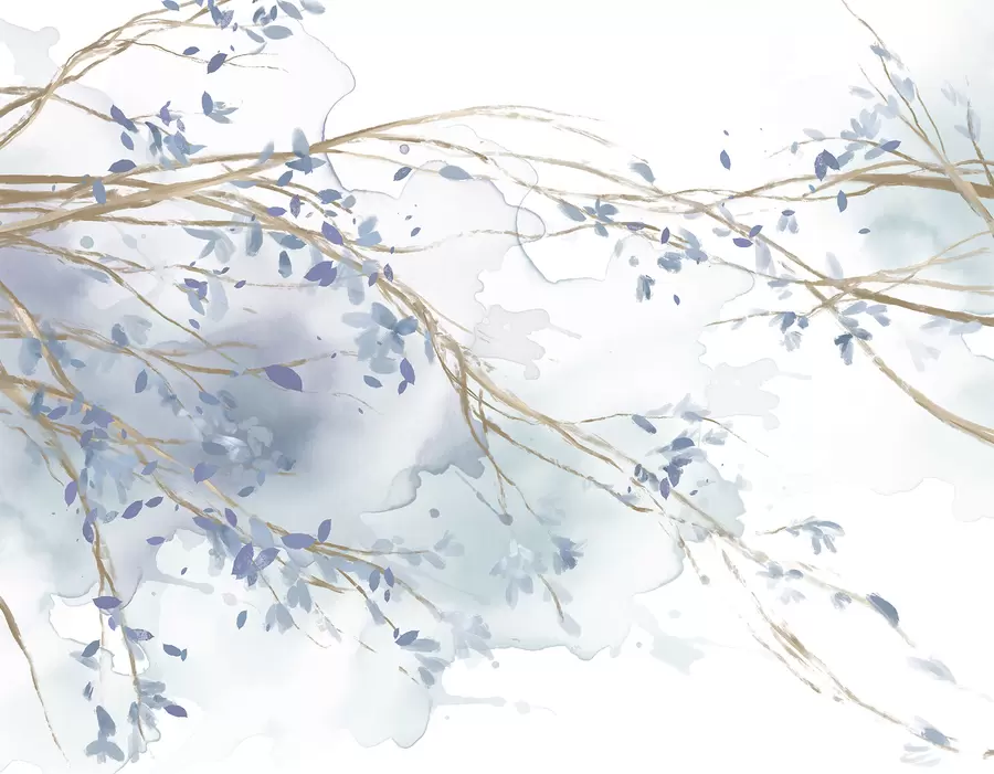 Wall Mural Photo Wallpaper Delicate blue and white floral branches with soft, blurred watercolor background w07919