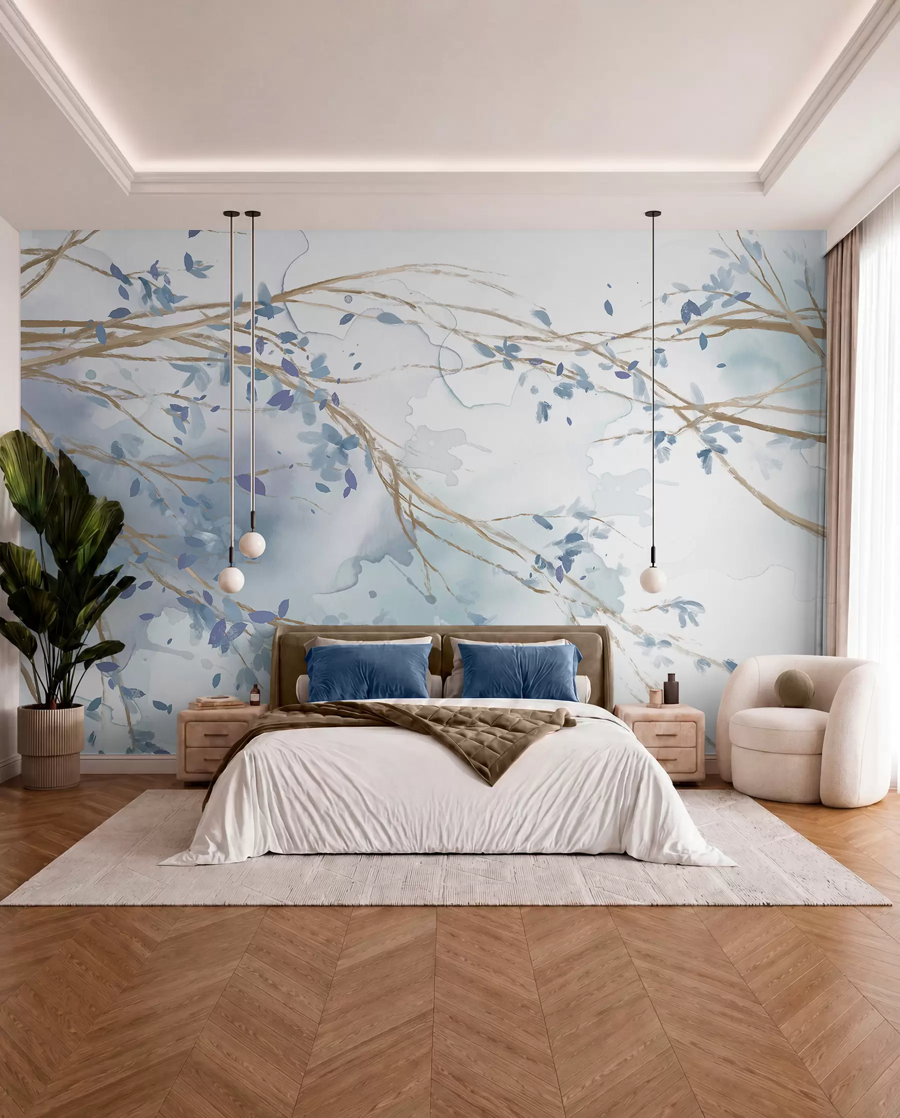 wall murals Delicate blue and white floral branches with soft, blurred watercolor background w07919