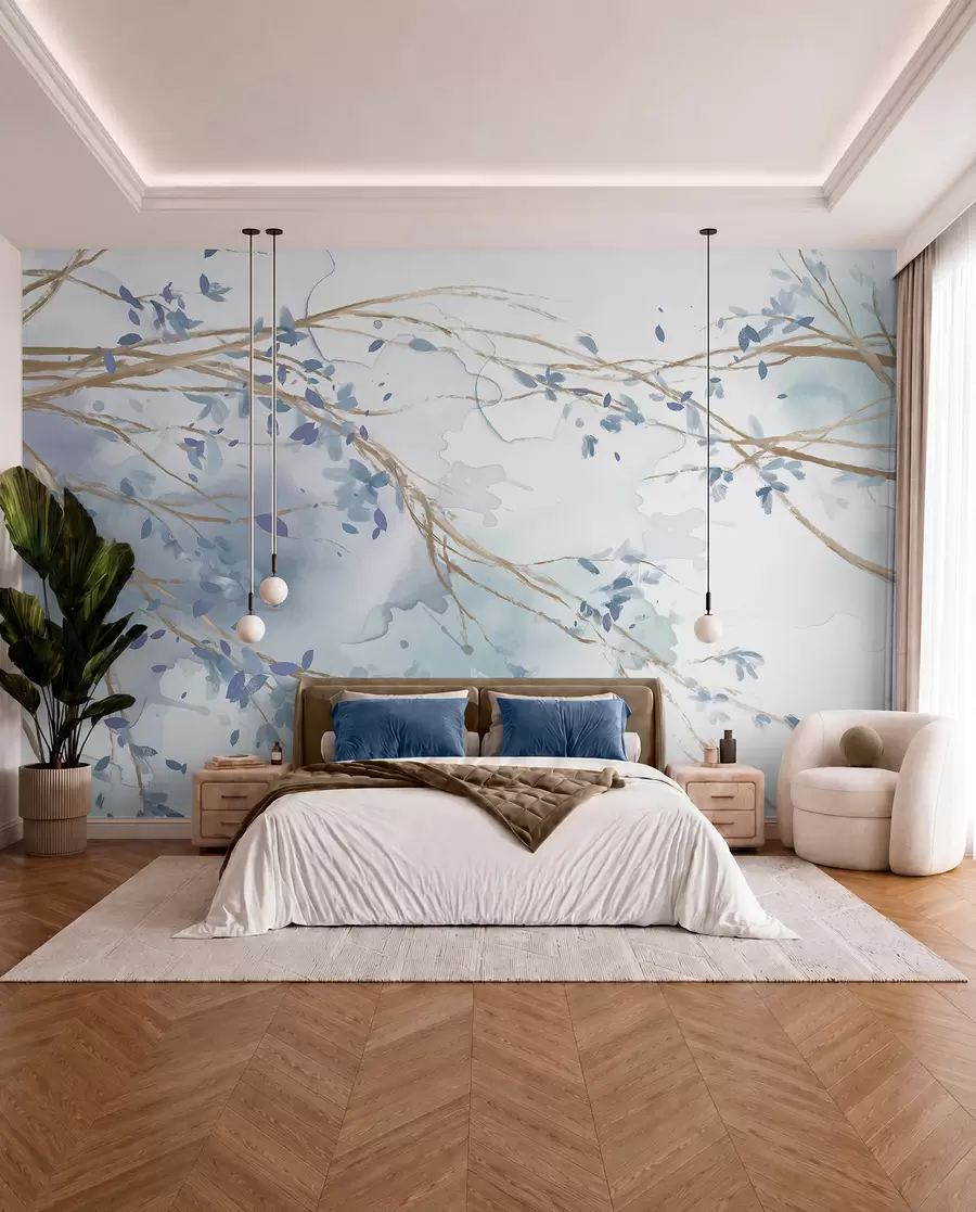 Wall Mural Photo Wallpaper Delicate blue and white floral branches with soft, blurred watercolor background w07919