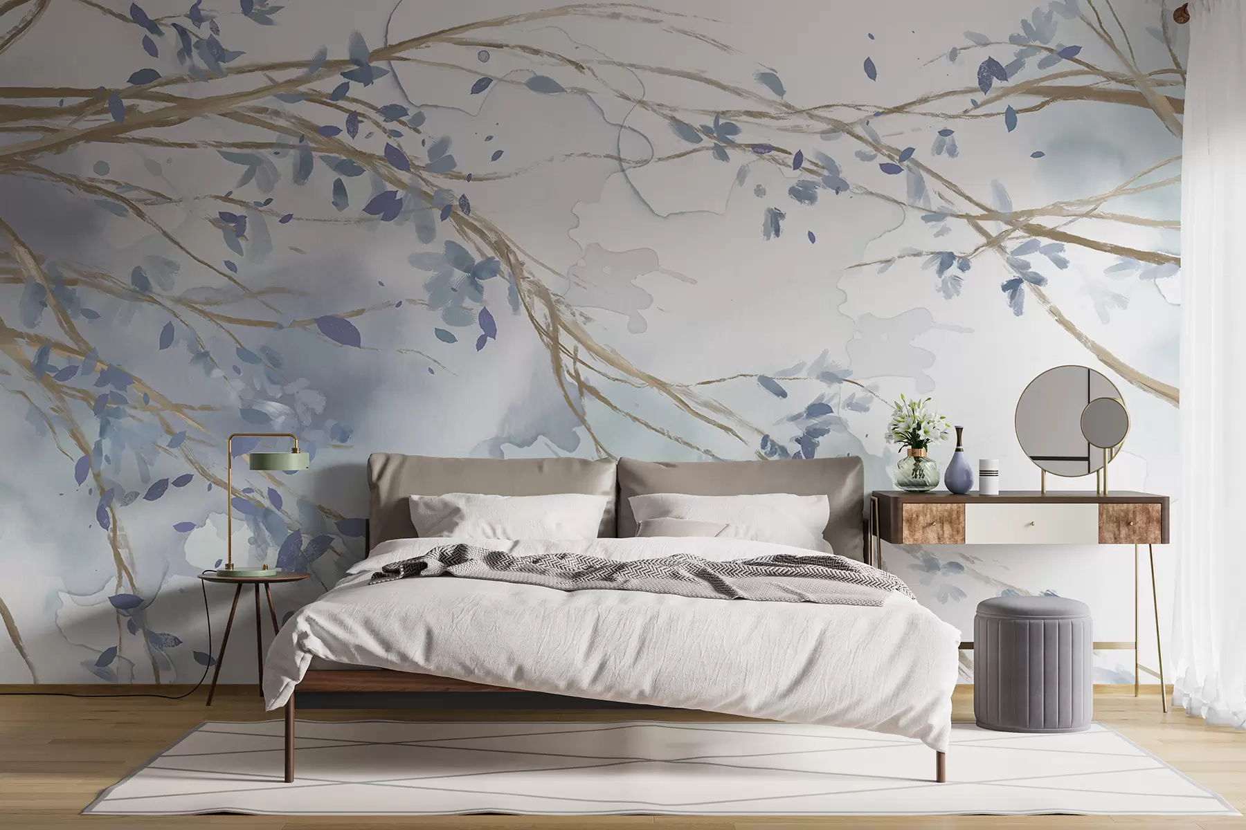 wall murals Delicate blue and white floral branches with soft, blurred watercolor background w07919