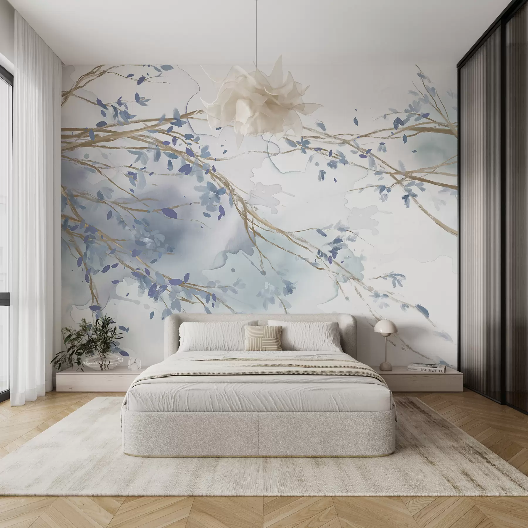 wall murals Delicate blue and white floral branches with soft, blurred watercolor background w07919