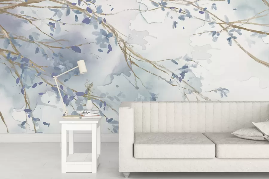 Wall Mural Photo Wallpaper Delicate blue and white floral branches with soft, blurred watercolor background w07919