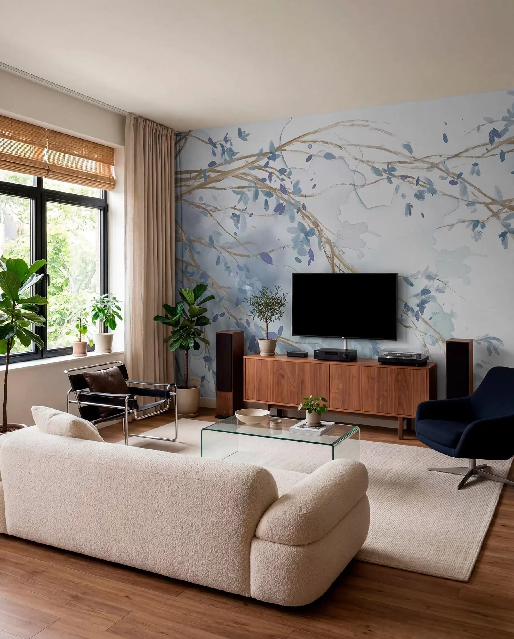 Wall Mural Photo Wallpaper Delicate blue and white floral branches with soft, blurred watercolor background w07919