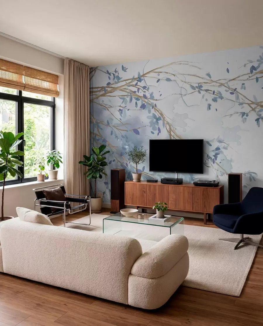 Wall Mural Photo Wallpaper Delicate blue and white floral branches with soft, blurred watercolor background w07919