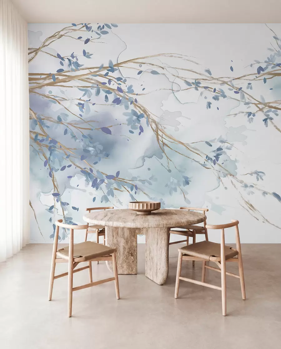 wall murals Delicate blue and white floral branches with soft, blurred watercolor background w07919